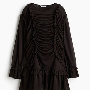 H&M‎ Edition Choco Brn Long Sleeve Ruffle-Trimmed WhimsicaL Drapped Dress Sz Lg